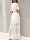 Dress Women Summer Ladies Casual Loose Embroidery Lace Long Dress Female V Neck Short Sleeves Beach Dress Vacation