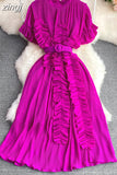 Women Pleated Midi Dress Purple/Red/White Stand Collar Short Flare Sleeve High Waist A-Line Ruffle Party Vestidos