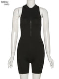 Summer Fitness Biker Romper Women Slim Sleeveless Backless Zipper Hollow Stretchy Playsuits Sportswear Overall