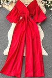 Women V-Neck Wide Leg Ruffle Jumpsuits Female Sexy Puff Short Sleeve High Waist Slim Vacation Beach Romper