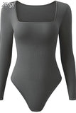 Women Square Neck Casual Bodysuits Tops Ribbed Solid Slim Fit Long Sleeve Short Jumpsuits Clubwear Streetwear