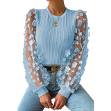 Women's Wear Mesh Small Flower And Snow-Flake Shirt Women 2025 Spring And Summer Round Collar Thin-Sleeved