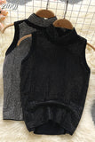 Shiny Diamonds Decor Women Two Piece Set Black Stand Collar Sleeveless Short Tops + High Waist Pencil Pants Suit