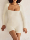 Women Square Neck Long Sleeve Rompers Sexy Autumn Biker Shorts Solid Low Cut Club Party Female Playsuits
