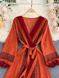 Autumn Women Printed Long Dress Vintage Puff Sleeve High Waist A-Line Vestidos Female 2023 New Fashion Beach