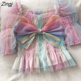 Gradient Lace Shirt Crop Tops Womens Sweet Bow Party Blouse Puff Sleeve Vintage Gothic Puff Sleeve Elegant Mesh