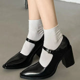 Mary Jane High Heels Retro With Pointed Single Shoes Women's Autumn And Winter Black Coarse Leather