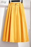 Women Cotton Skirt 2023 Spring Summer Preppy Style Solid Casual Elegant Pocket Elastic High Waist A-Line Midi Skirts