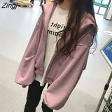 Women with Hat Hoodies Zipper Solid Sweet Girls Fashion Outwear Leisure Loose Retro All-match Female Chic Daily