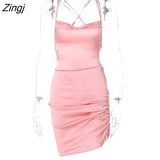 Satin Bodycon Backless Dress Women Solid Spaghetti Strap Dress Women Spring Casual Hollow Out Skinny Evening