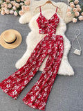 Women Sexy Printed Two Piece Set Beach Female Strap Camis Tops + Draped Wide Leg Pants Black/Red/Blue/Yellow Suits