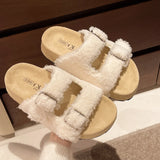 New Lamb Hairy Shoes Double Buckle Buckle Buckle Shoes Thick-Skin Pine Cake Word Sandals To Wear Slippers Women's
