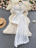 Women Sexy See Through Irregular Dress Elegant Female Ruffle Off Shoulder Slim High Waist Vestidos Green/White