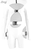 Women Bodycon Buckle Cut Out Biker Rompers Sexy Long Sleeves Hollow Out Clubwear Bodysuit One Piece Short Jumpsuit