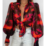 Lantern Sleeve Blouses 2023 Fashion Tops Spring Office Lady Vintage Floral Shirt Ladies Button Up Long Sleeve Shirts