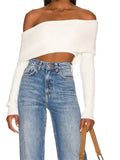 Spring Fall Women Knitted Sweaters Crop Tops Long Sleeve Slash Neck Off-shoulder Solid Clubwear Party Pullovers