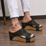 Slope And Fish Mouth Cool Slippers Women Summer New Rivet Pine Cake Thick Bottom High Heel