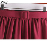 Midi Skirt Women With Belt For 2021 Spring Summer Ladies Korean Red Green Black Blue High Waist Long Skirt