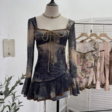 And Summer New French Style Tie Dyed Horn Long-Sleeved Lace Side Design T-Shirt
