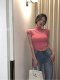 Lust Wind T-Shirt Girl In Chao Thai Style 2025 New Pink Shoulder Hottie Thin Tight Short-Sleeved