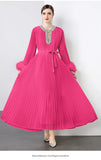 Women's Dress 2025 New Famous Heavy Industry Drilled Hair Sleeves To Close The Waist Pressure Folding Long