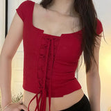 Zingj Spring New Women's Sexy Short Sleeve Square Collar Tie Pure Desire Temperament Crop Hot Girl