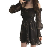 2023 Womens Sexy Black Dress Vintage Flower Long Puff Sleeve Chiffon Dresses Korean Casual Mini Vestidos Mujer