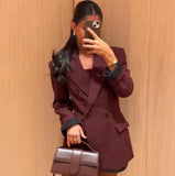 Women's Clothing Explosion Fashion Temperament Wine Red Blazer Double