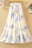 Women Summer Long 2023 Spring Ladies Floral Print High Waist Elegant Sweet Casual Chiffon Skirts Beach Faldas