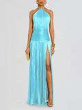 Women's Metallic Metallic Folding Fork With Hanging Neck Dress Sleeveless Back