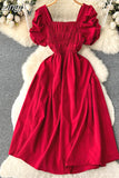 Vintage Women Square Collar Draped Dress Eleagant Puff Short Sleeve High Waist A-Line Knee-Length Robe Female New