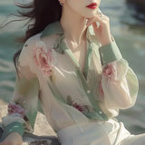 Green Floral Sunscreen Shirt Women 2025 Summer Extraordinary French Super Fairy Long-Sleeved Shirt Original Design