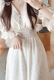 French Style Floral Print Vestido De Mujer V-neck Chiffon Robe Female Pleated Slim Waist Chiffon Dress Women Spring