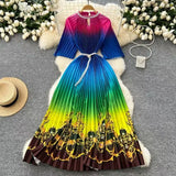 Women's Niche Elegant Dress New Hollow Nail Ball Neck-To-Celing Waist-Print Folding Long