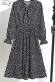 Women Elegant Casual Floral Print Autumn Winter Pleated Dress Vintage Bow Collar Long Sleeve Chiffon Shirt Dress 2023 Robe