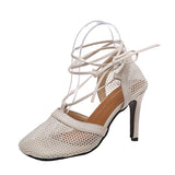 Summer New Fashion Mesh Breathable Square High Heel Fine Heel Tie Women's