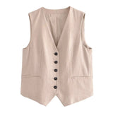 2025 Summer V-Neck Solid Color Single Breasted Vest High Waist Wide-Leg Pants Shorts Set