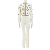New Fashion Round Neck Heavy Industry Nail Beads Short Jacket Open Fork Trousers