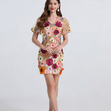 Dress Women Summer French Retro V-Neck Lantern Sleeve Embroidered Mesh Yarn Waist Bubble Sleeve