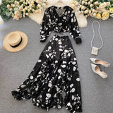 Chiffon Two Piece Set Women Autumn Bohemian Vacation Beach Short Tops And Ruffle Irregular Long Skirt Female Print Suit