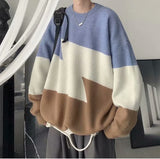 Style Men's Sweater Color Block Patchwork O-Neck Pullovers Loose Oversized Mens Sweater Harajuku Retro Men's