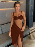 Two Piece Sets Women Ankle-Length Skirts Women Bandage Bra Crop Tops Sexy Party Outfit Vacation Side Split Folds