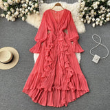 Zingj Sexy Solid Color V-Neck Pleated Flounce Flared Sleeve To The