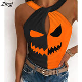Women Halloween Graphic Print Colorblock Tank Halter Top Summer Streetwear Casual T-Shirts Hollow Out Lounge Womens