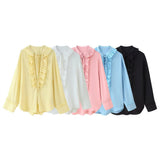 Women's Summer Folding V-Neck Folding Collar Trim With Chiffon Long-Sleeved Shirt Skirt