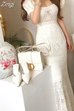 Puff Sleeve Summer Hollow Out Knitting Dress Women Wrapping Korean Ladies Dresses Woman New Long Fishtail
