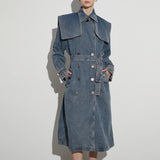 2025 New Design Feeling Takes The Waist Long Joker Wash Old Denim Trench Coat