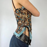 Zingj Dopamine Lace Spliced Leopard Print Sling Vest Women's Side Slit Closed Waist Strap Bottom