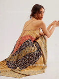 Women Print Color V Tie Sling Irregular Dress
