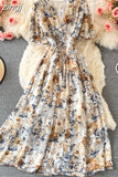 Bohemian Floral Long Dress For Women Sexy V-Neck Short Sleeve High Waist A-Line Big Swing Vestido Casual Blue Robe